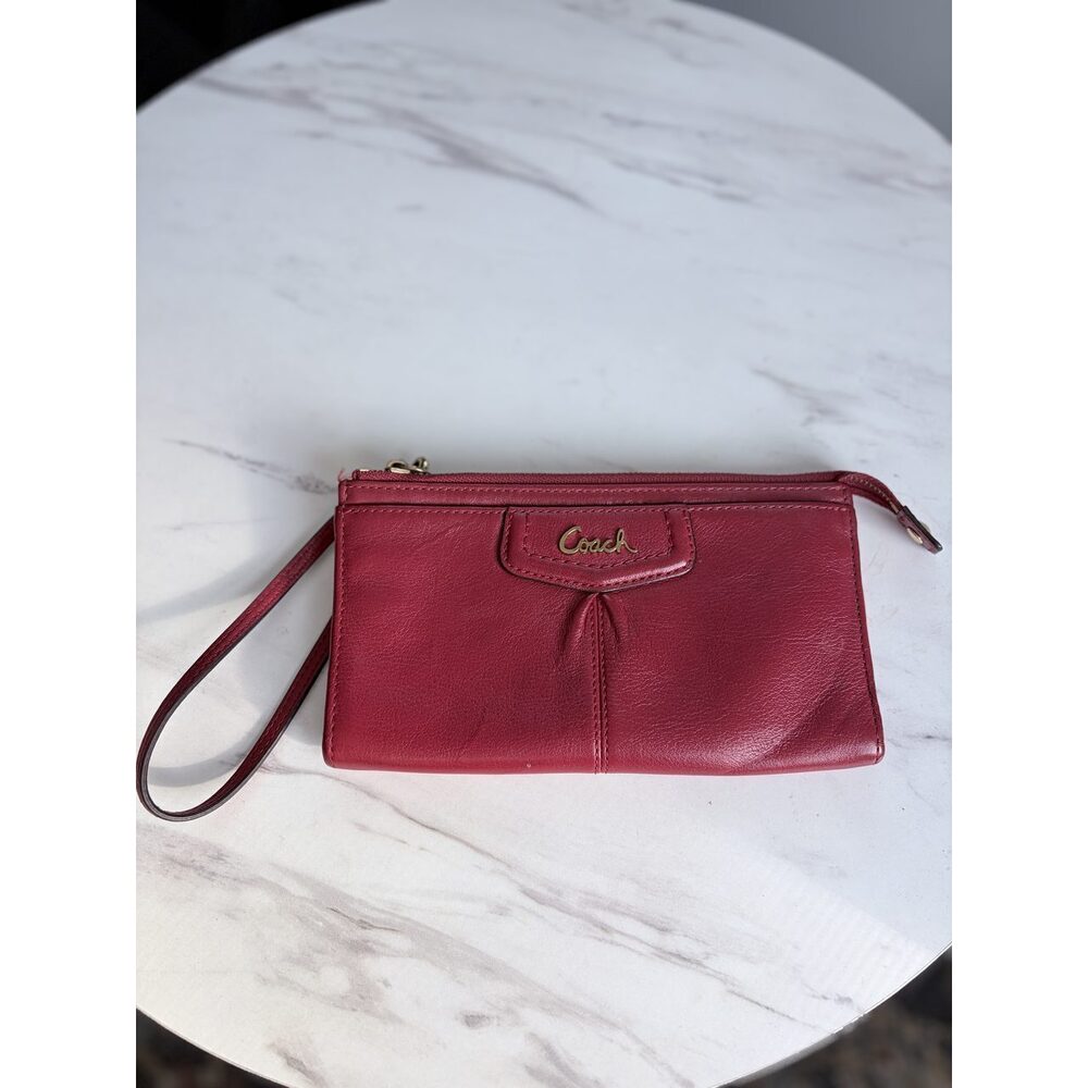 Coach Red Leather Zip Wristlet Wallet Clutch Card Holder w/ Strap
